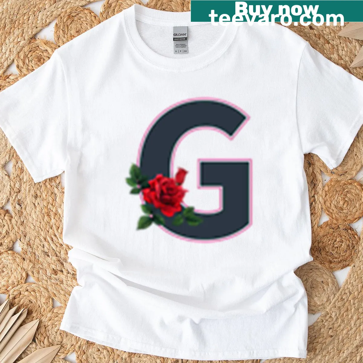 T-shirt with a rose and initial G design — on a men's t-shirt