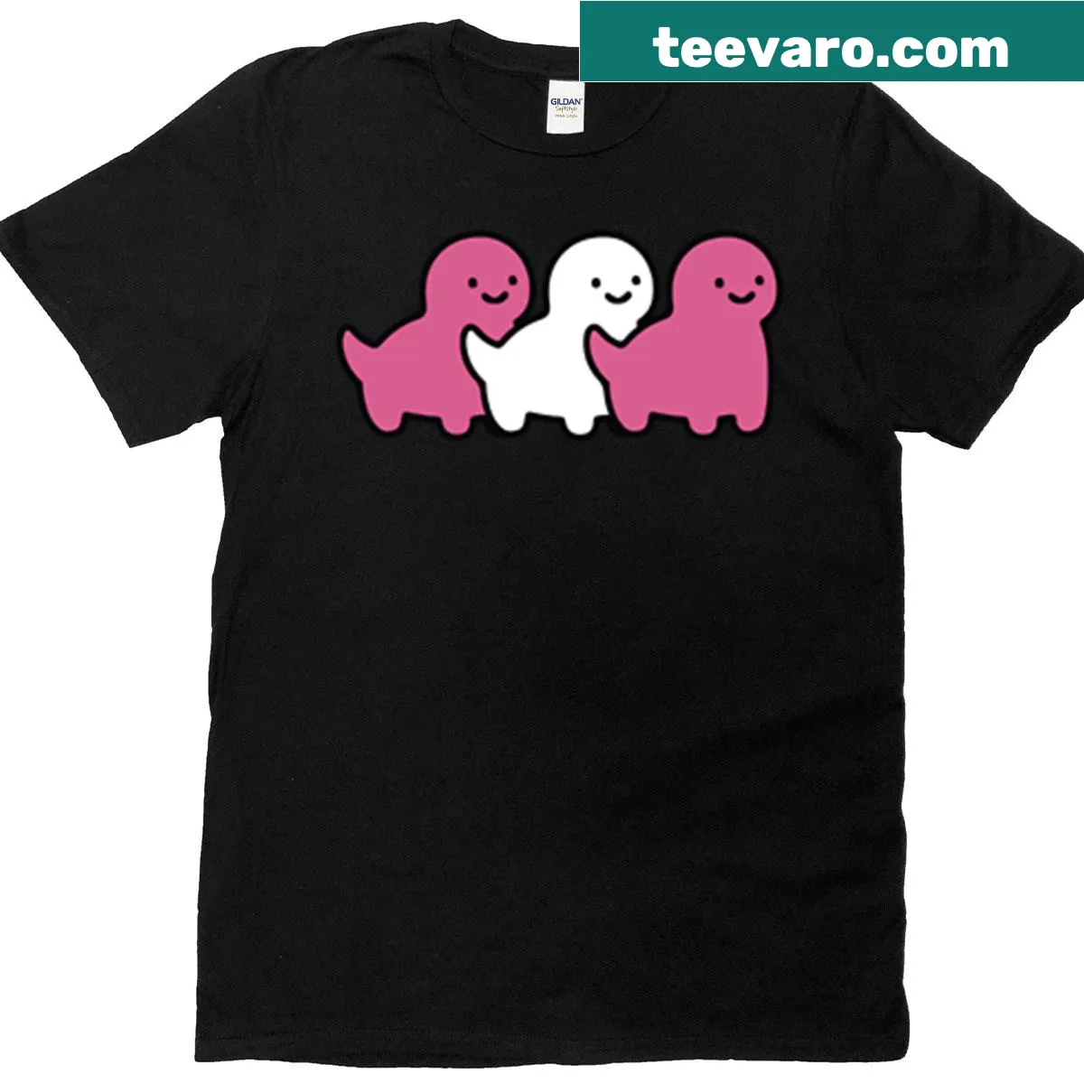 Whimsical chonky dinosaurs in a parade for LGBTQ+ pride — on a men's t-shirt