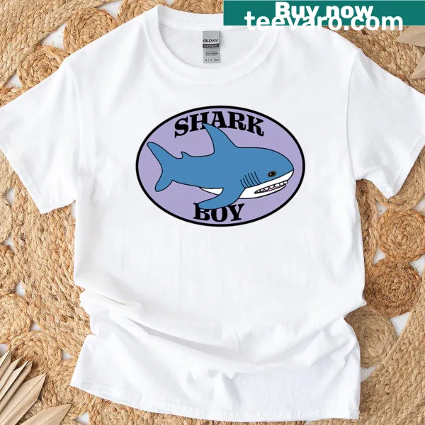 Illustrated Shark Boy T-shirt with stuffed shark and sticker graphic