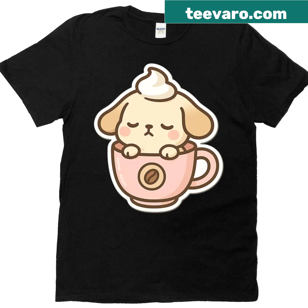Cute graphic of a sleepy dog in a coffee cup on a T-shirt — on a men's t-shirt