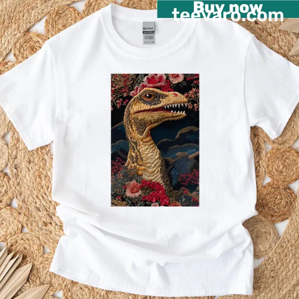 Cute sleepy velociraptor graphic on a t-shirt