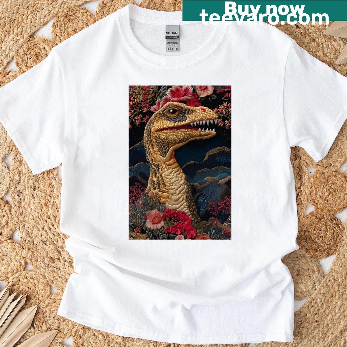 Cute sleepy velociraptor graphic on a t-shirt — on a men's t-shirt