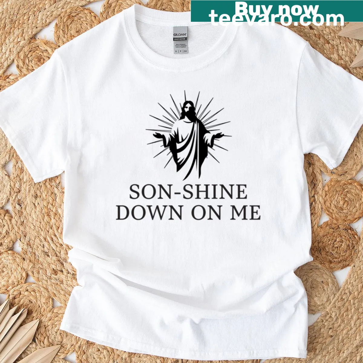 T-shirt with the uplifting phrase 'Son-shine Down On Me' in playful typography — on a men's t-shirt