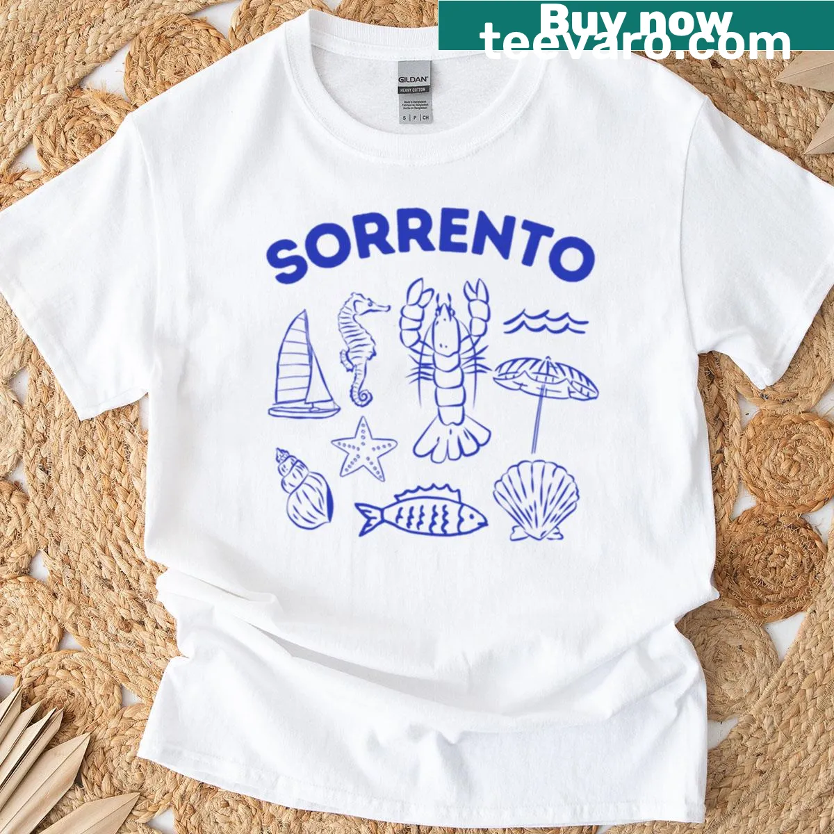 Illustrative T-shirt showcasing the beauty of Sorrento Mediterranean landscape — on a men's t-shirt