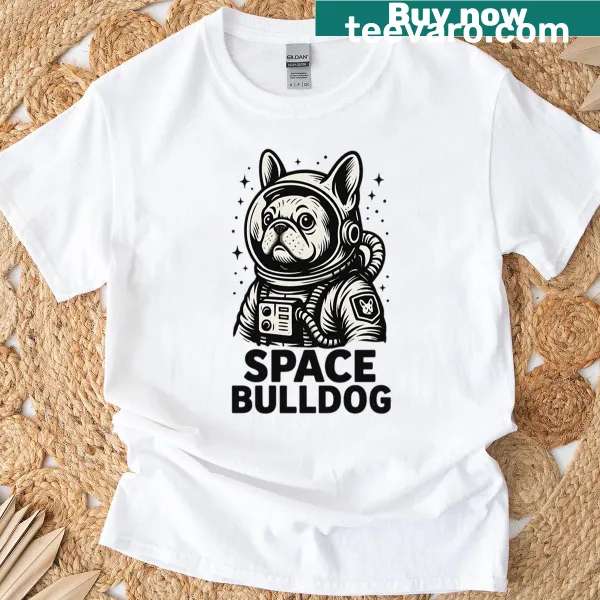 Playful space-themed bulldog illustration T-shirt
