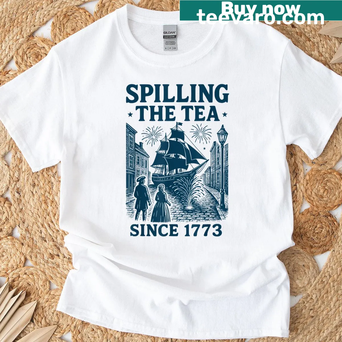 Graphic tee with vintage text 'Spilling The Tea Since 1773' for July 4th. — on a men's t-shirt
