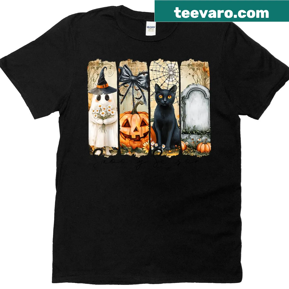 Halloween t-shirt featuring a ghost cat, pumpkins, and grave markers — on a men's t-shirt