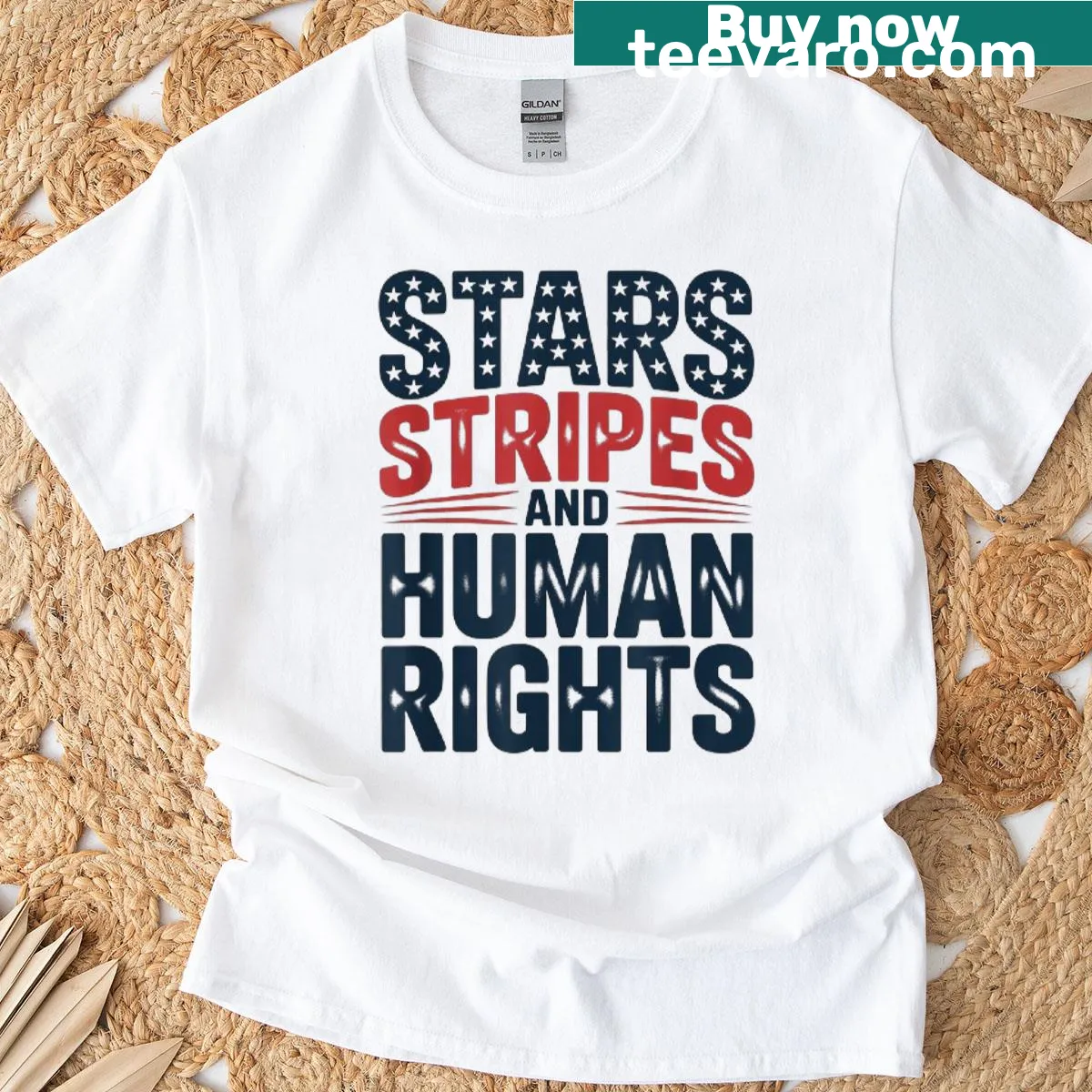 Patriotic T-shirt with stars, stripes, and 'Human Rights' text for protest. — on a men's t-shirt