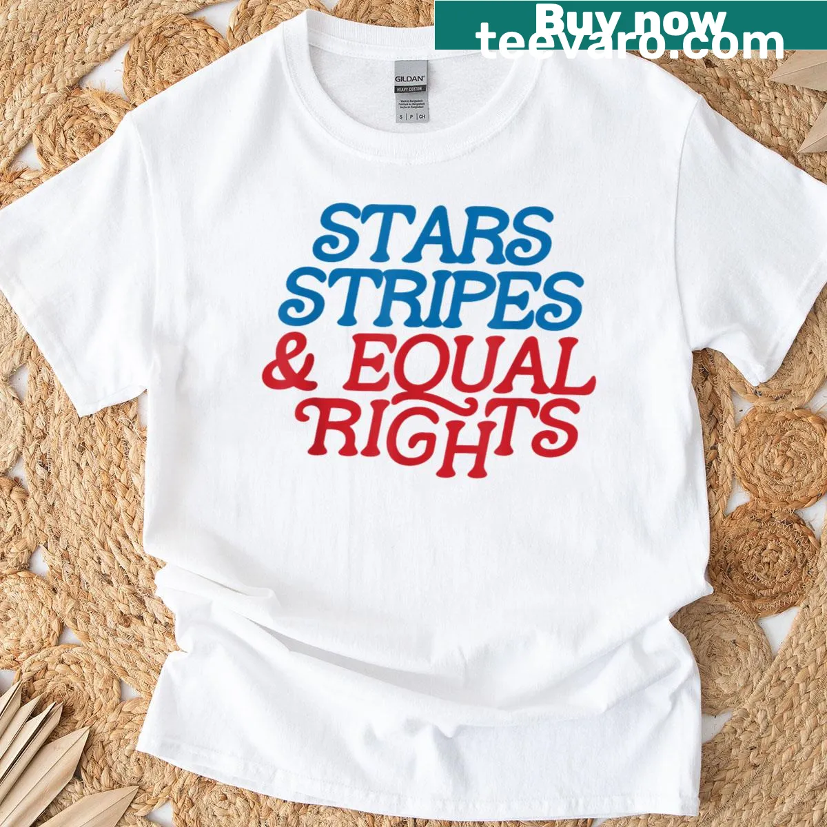 Patriotic T-shirt featuring stars, stripes, and a message for equal rights. — on a men's t-shirt