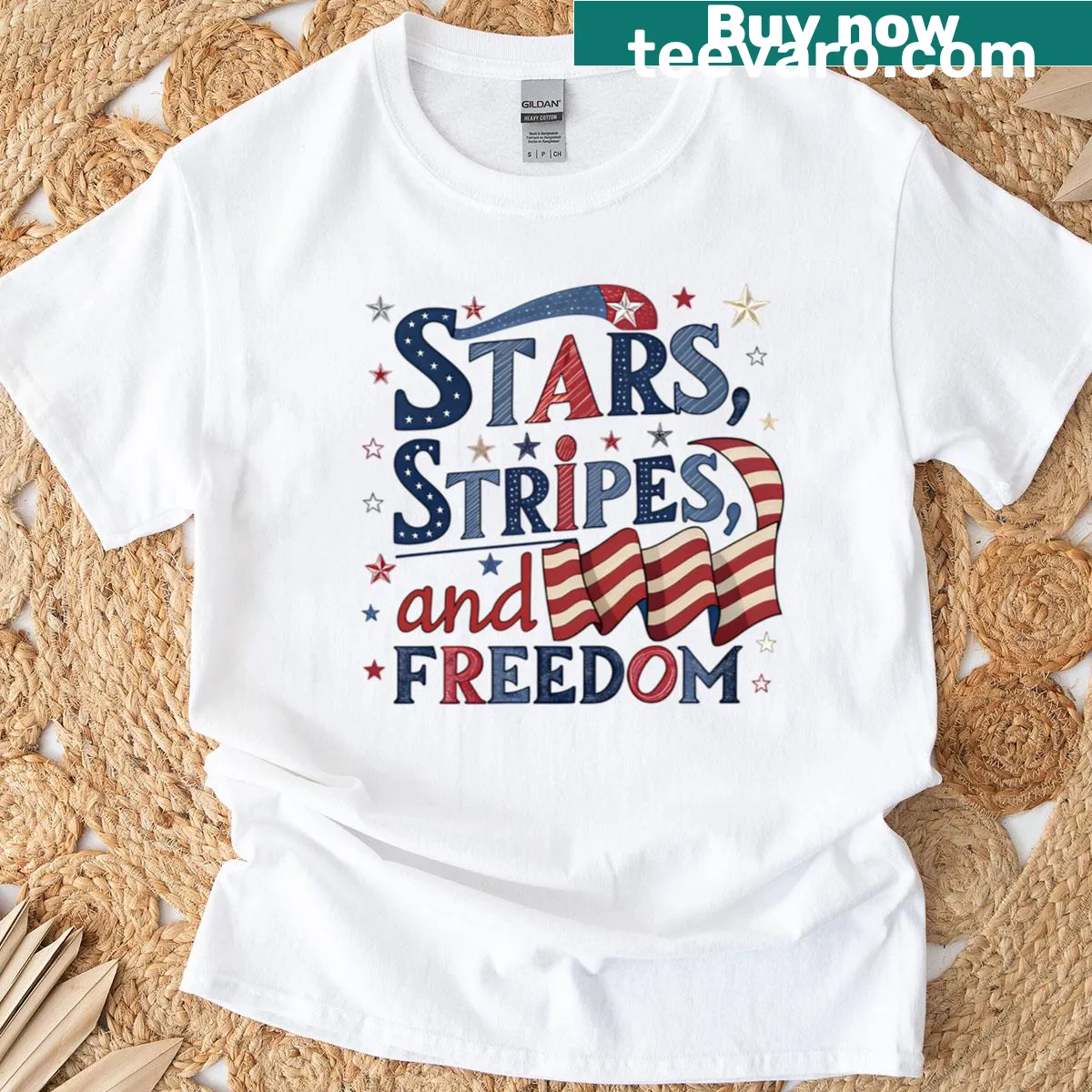 Patriotic T-shirt with stars, stripes, and a message of freedom. — on a men's t-shirt