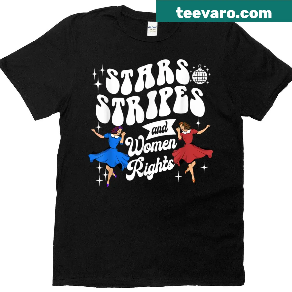 Retro typography with 'Stars Stripes And Women Rights' for July 4th — on a men's t-shirt