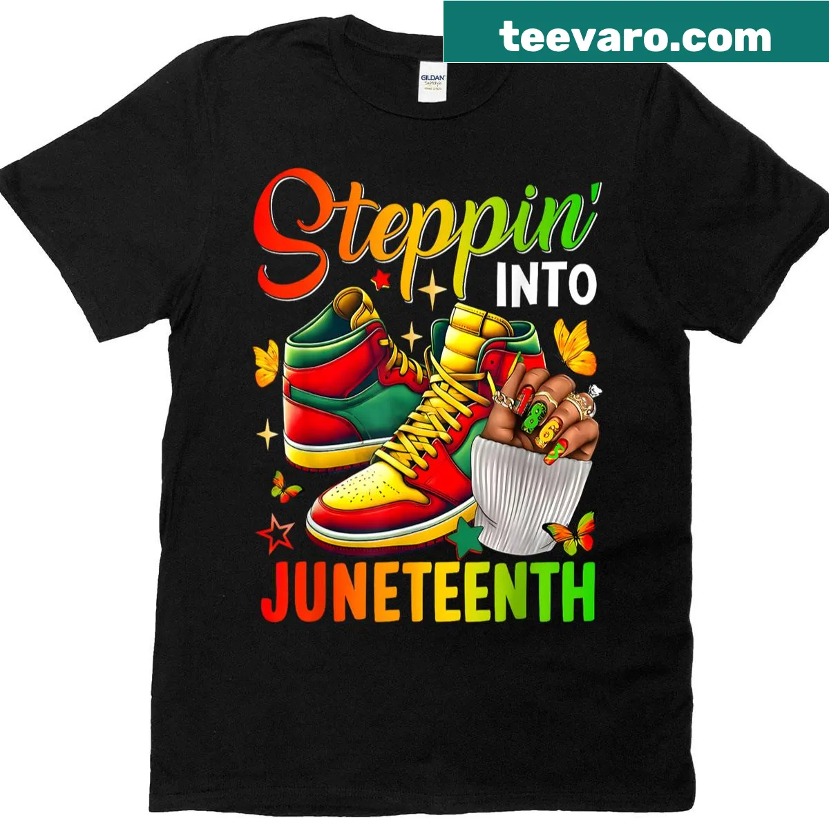 T-shirt featuring an Afro woman stepping with sneakers for Juneteenth — on a men's t-shirt