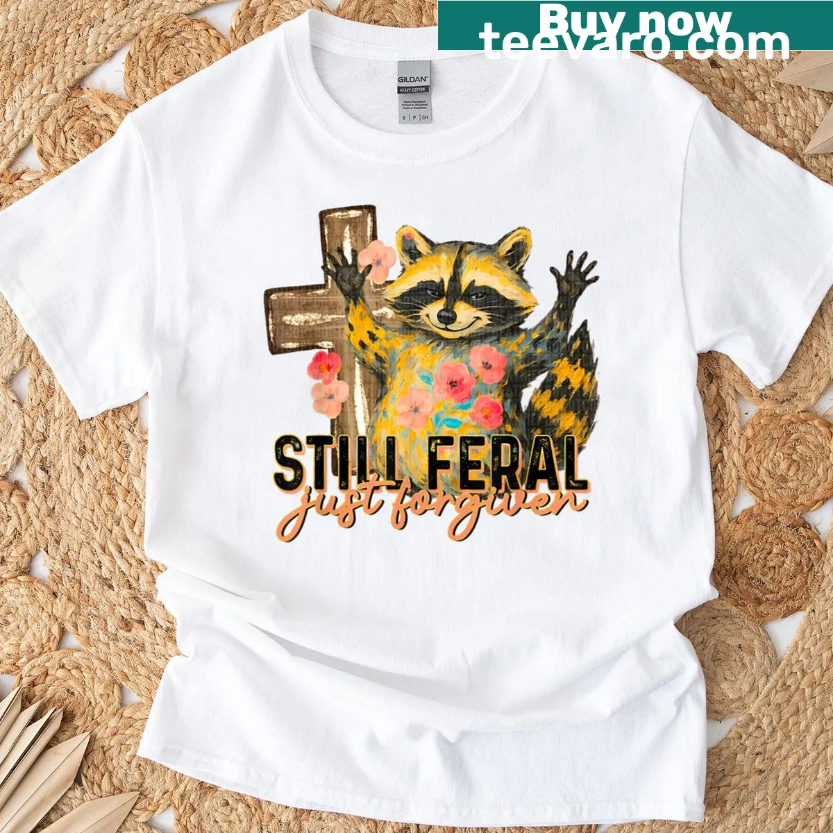 Funny Christian T-shirt with a raccoon and inspirational text — on a men's t-shirt
