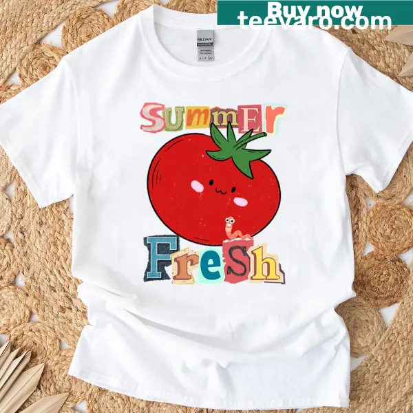 Illustrated fresh tomato graphic on a T-shirt celebrating summer