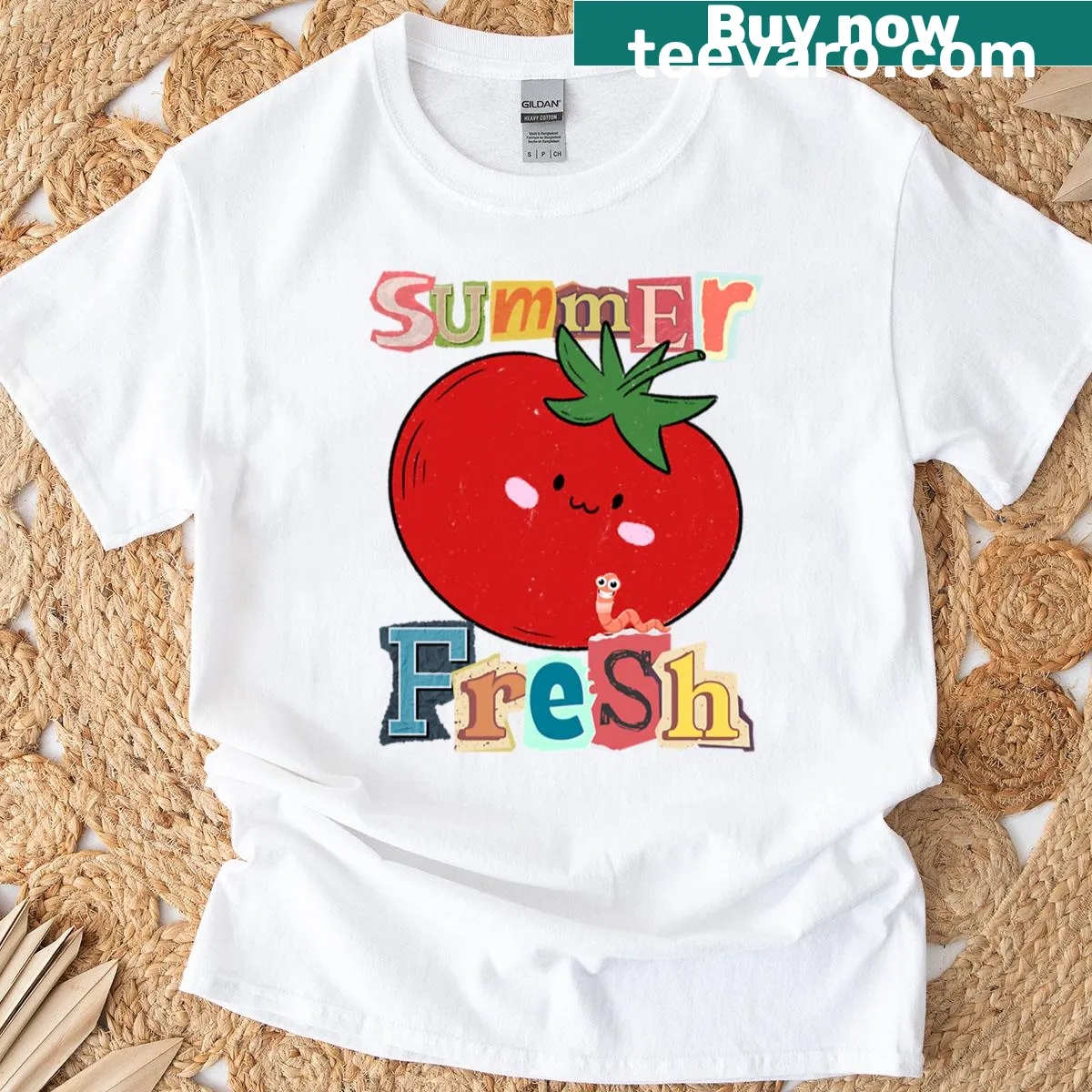 Illustrated fresh tomato graphic on a T-shirt celebrating summer — on a men's t-shirt