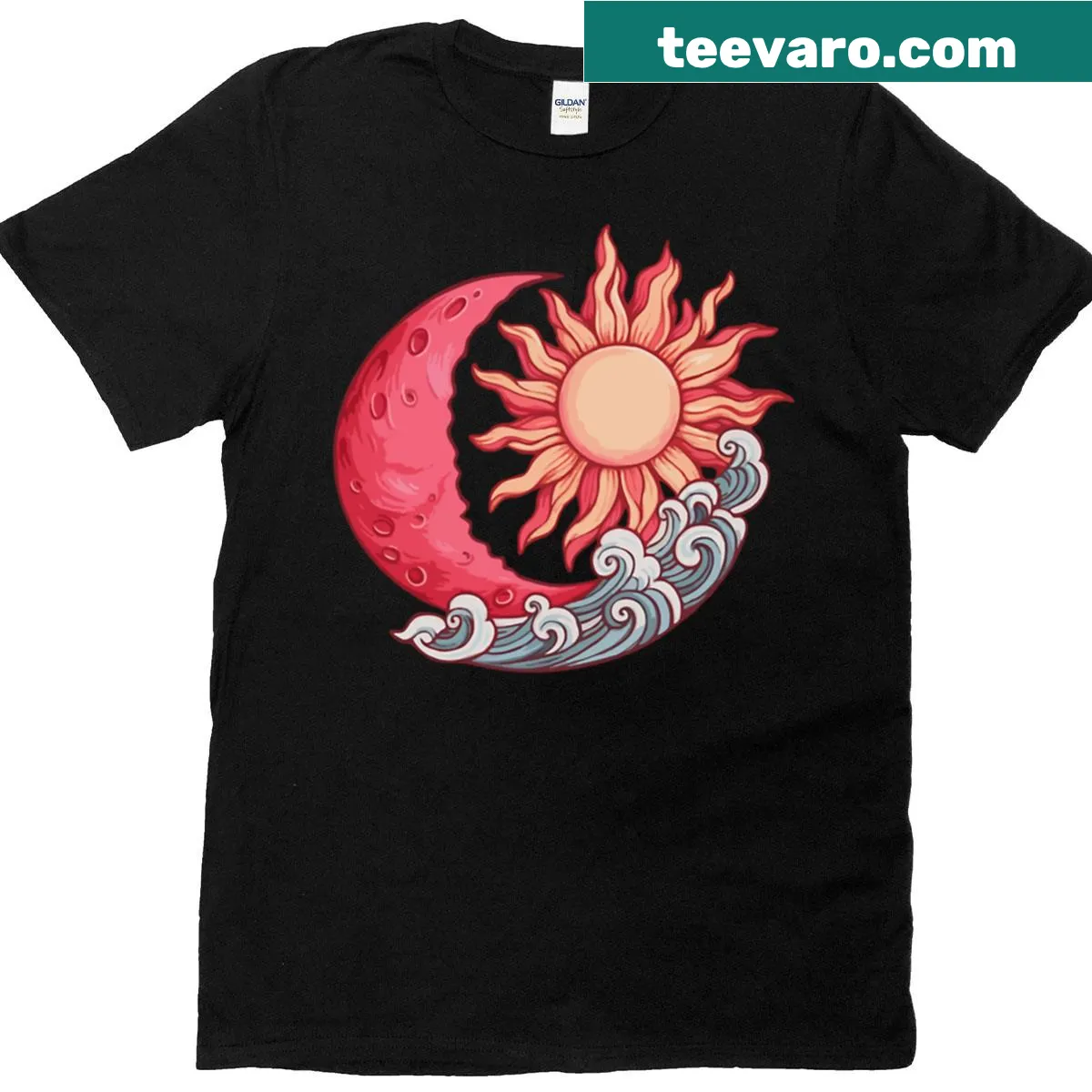 Illustration of sun, moon, and waves on a T-shirt — on a men's t-shirt