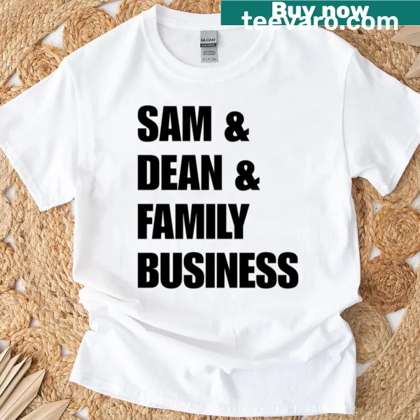 Black Supernatural themed t-shirt featuring Sam and Dean Winchester family business text