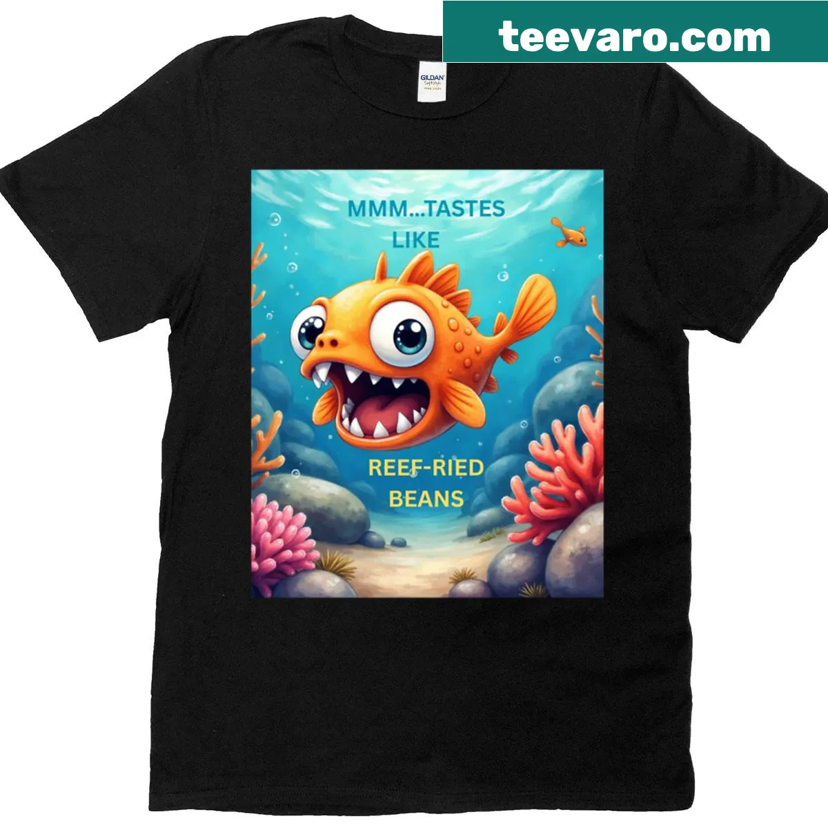 Funny T-shirt with the phrase 'Tastes Like Reef -ried Beans' in playful typography. — on a men's t-shirt