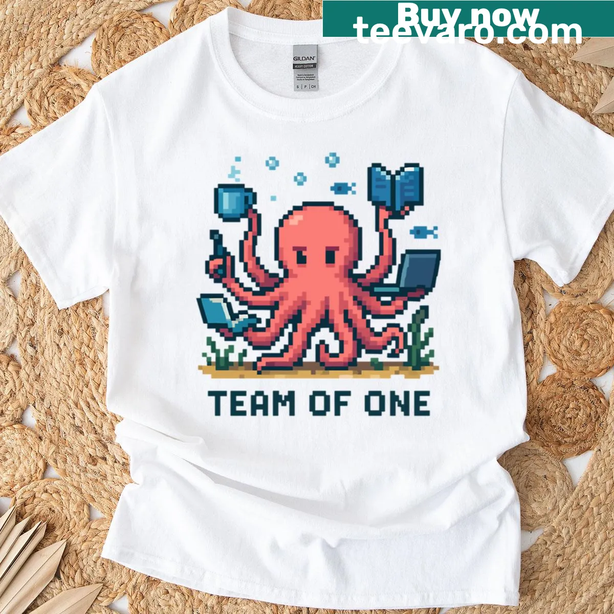 Pixelated octopus multitasking in an underwater scene on a t-shirt — on a men's t-shirt