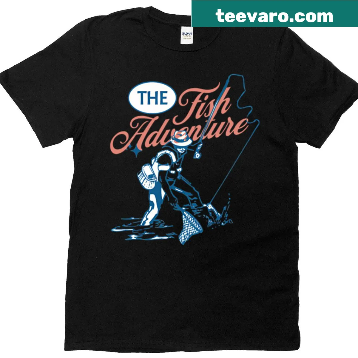 Retro fishing scene graphic on a casual outdoor T-shirt — on a men's t-shirt