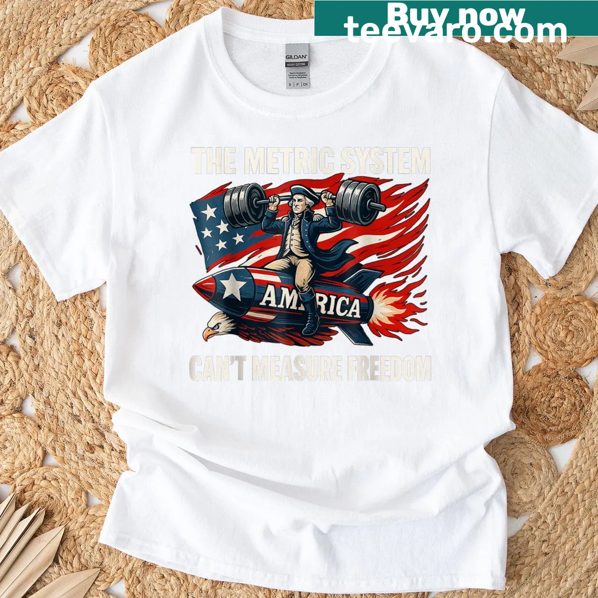 Funny 4th of July t-shirt with humorous metric system text — on a men's t-shirt