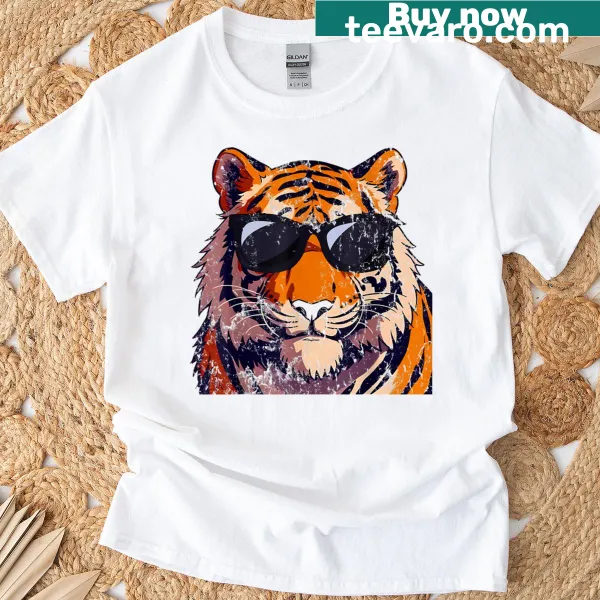 Cartoon tiger wearing sunglasses on a birthday t-shirt
