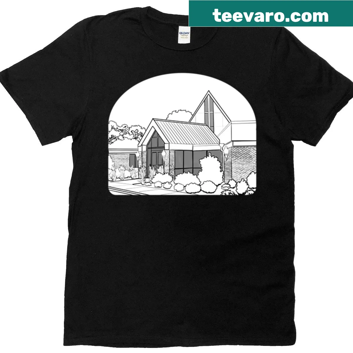 Illustration t-shirt featuring Trinity Church in Ames — on a men's t-shirt