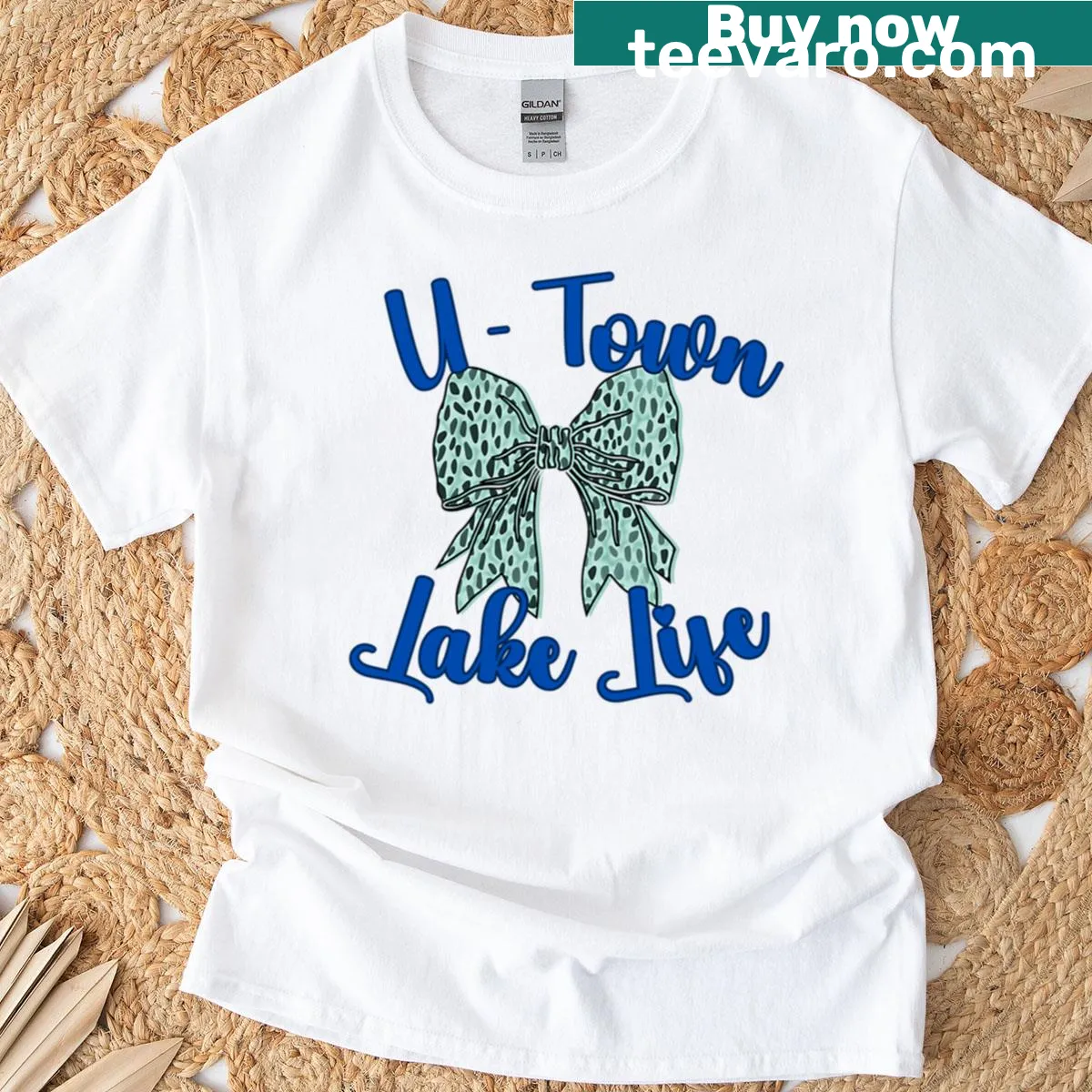 Playful bow graphic T-shirt design for lake life — on a men's t-shirt