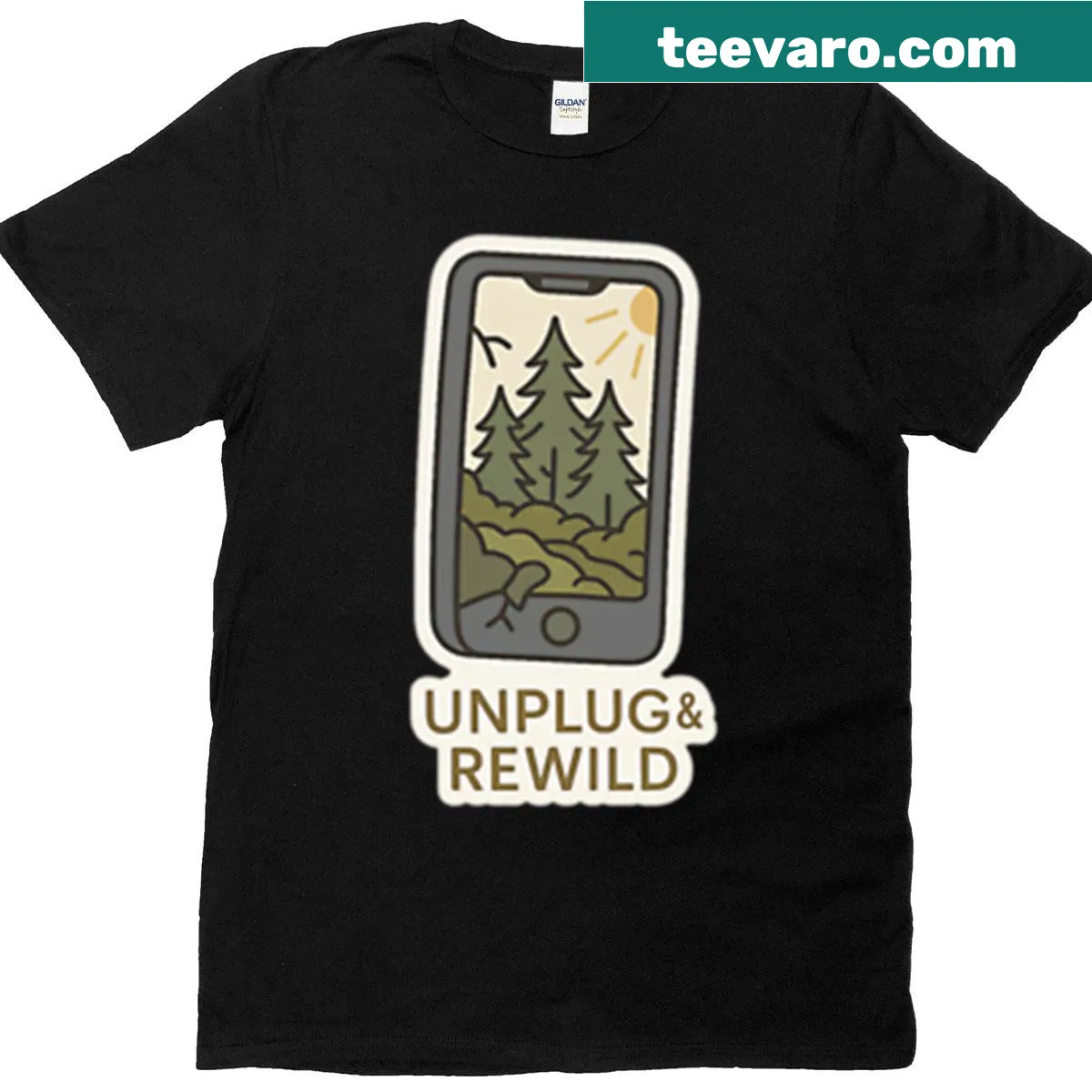 Nature-themed t-shirt promoting unplugging and rewilding — on a men's t-shirt