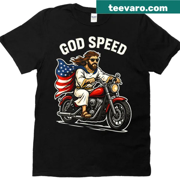 Patriotic t-shirt with motorcycle and American flag design