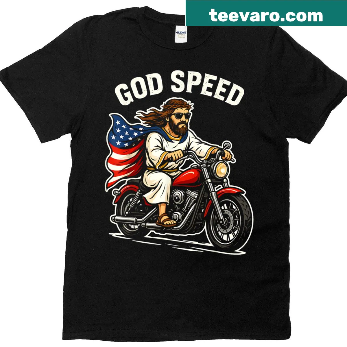 Patriotic t-shirt with motorcycle and American flag design — on a men's t-shirt