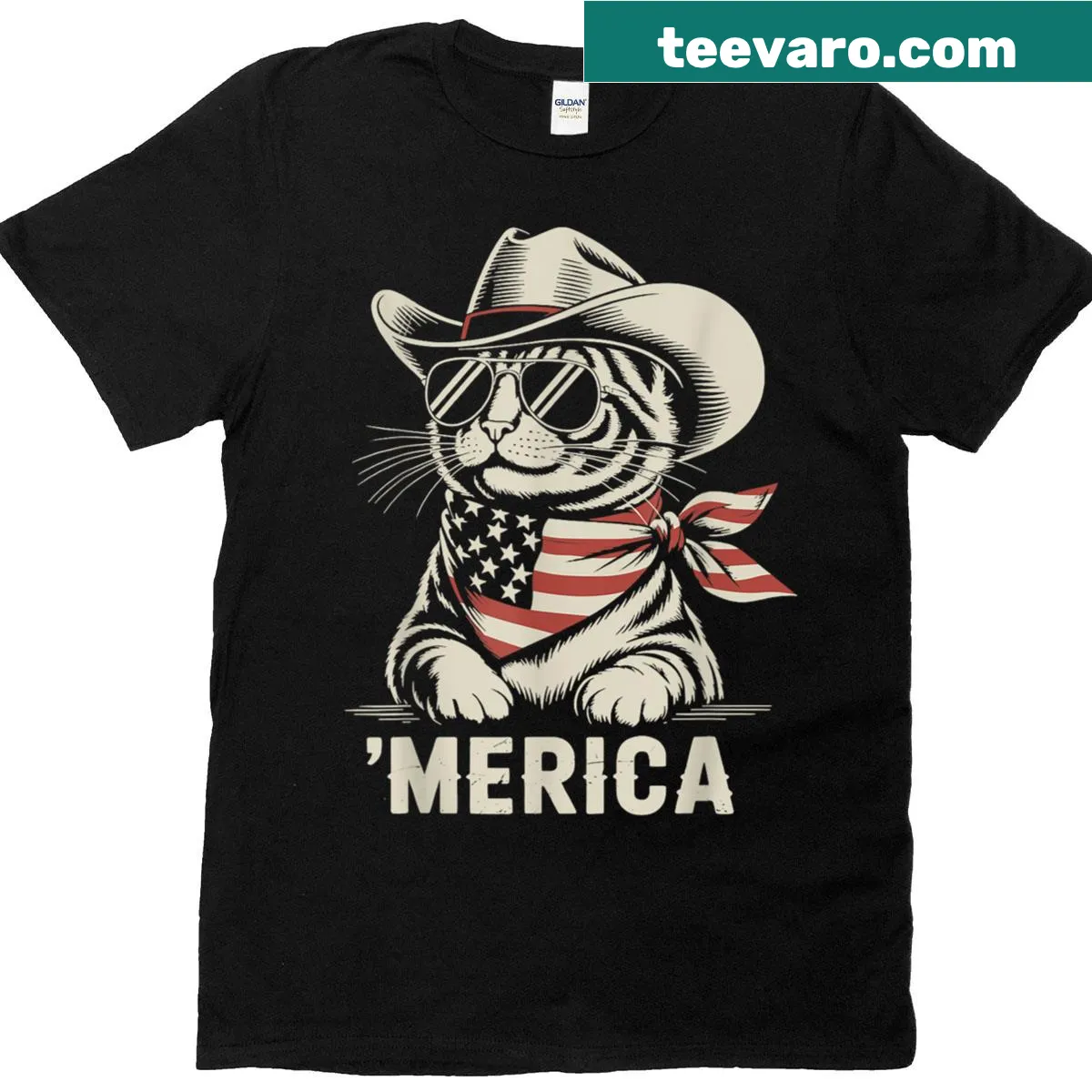 Funny patriotic cat illustration for the 4th of July. — on a men's t-shirt