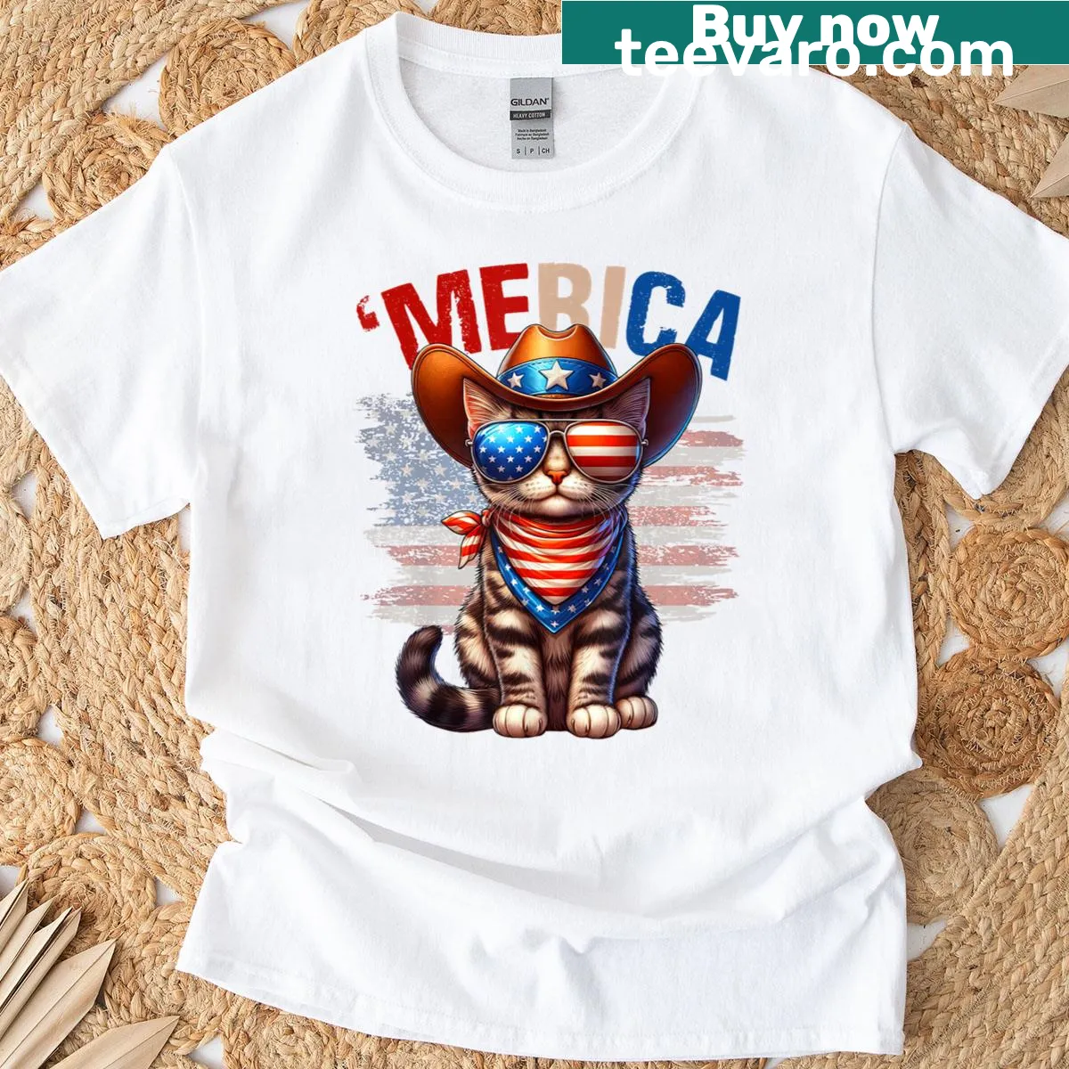 Patriotic t-shirt featuring cat design for July 4th — on a men's t-shirt