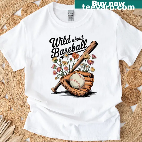 Vintage-style T-shirt with baseball and wildflower graphic for women