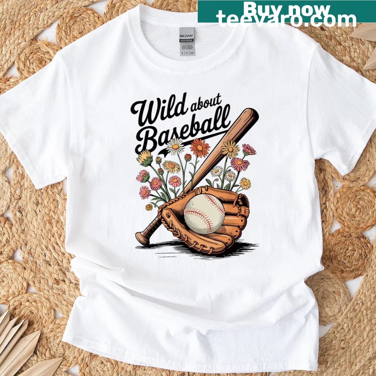 Vintage-style T-shirt with baseball and wildflower graphic for women — on a men's t-shirt