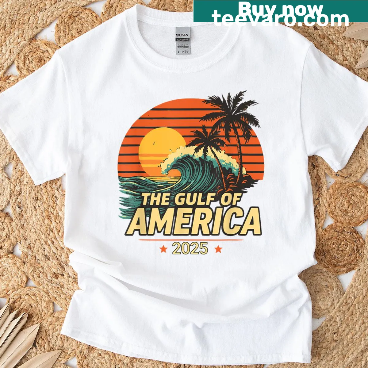 Retro beach design featuring the Gulf of USA — on a men's t-shirt