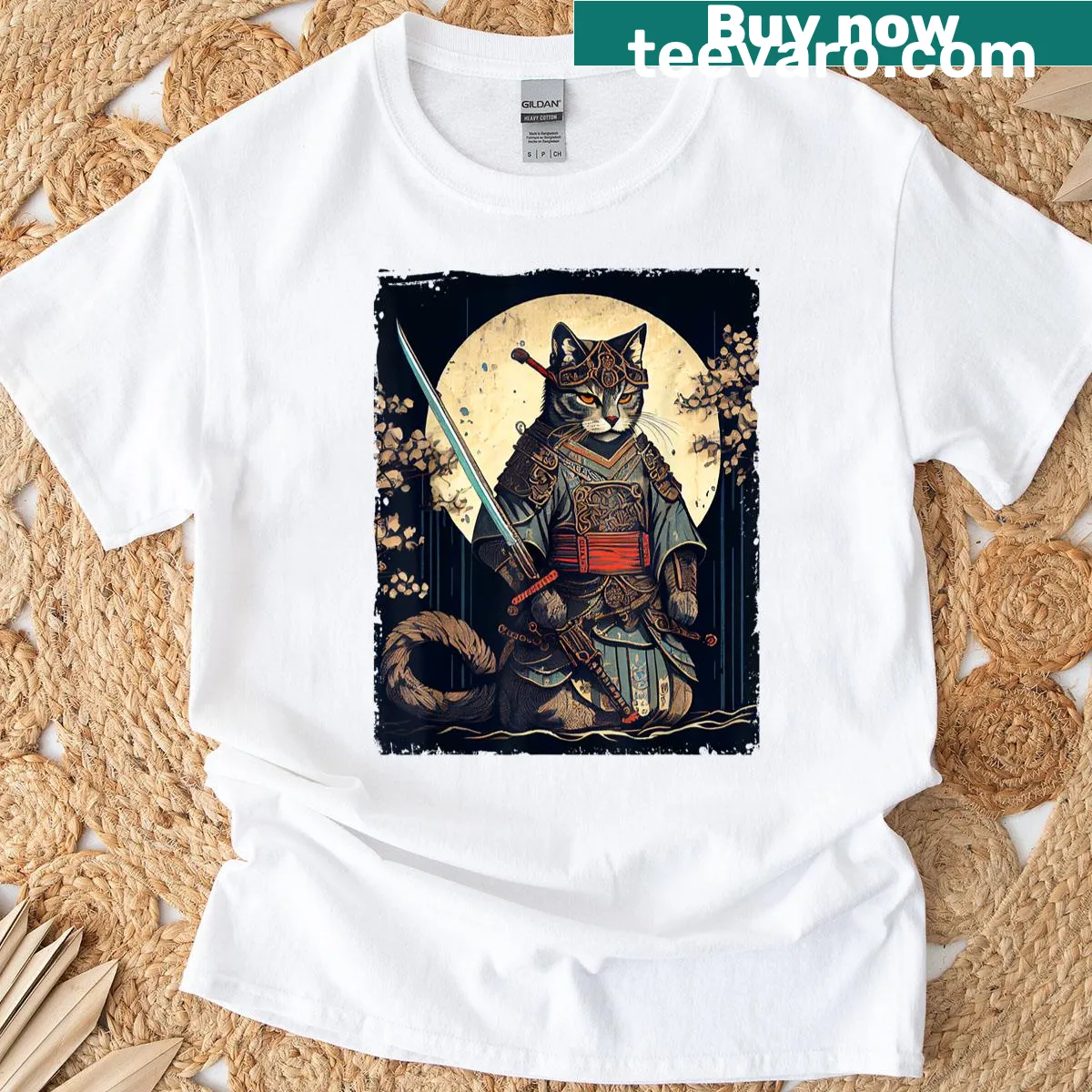 Illustrated T-shirt featuring a samurai cat in a cute design. — on a men's t-shirt