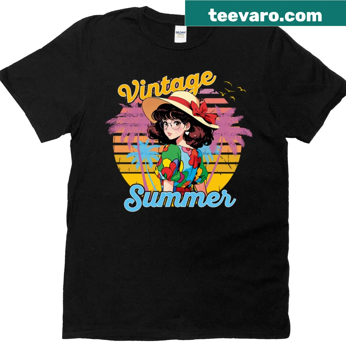 Vintage T-shirt featuring summer-themed anime art — on a men's t-shirt