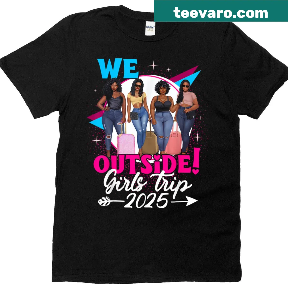 Illustrative T-shirt with the phrase 'We Outside' celebrating Afro girls and friendship — on a men's t-shirt