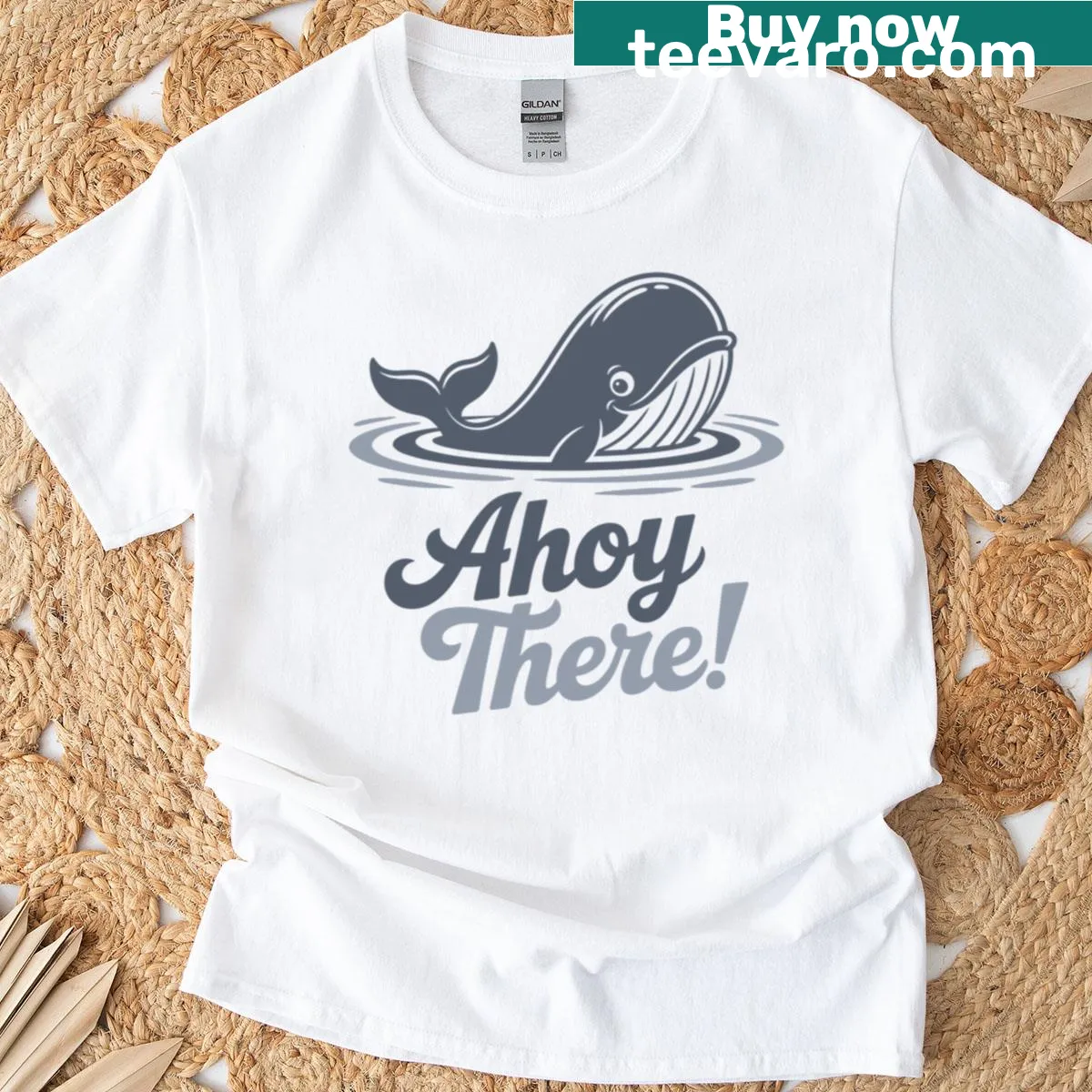 Whimsical whale graphic on 'Whale Ahoy There' t-shirt — on a men's t-shirt