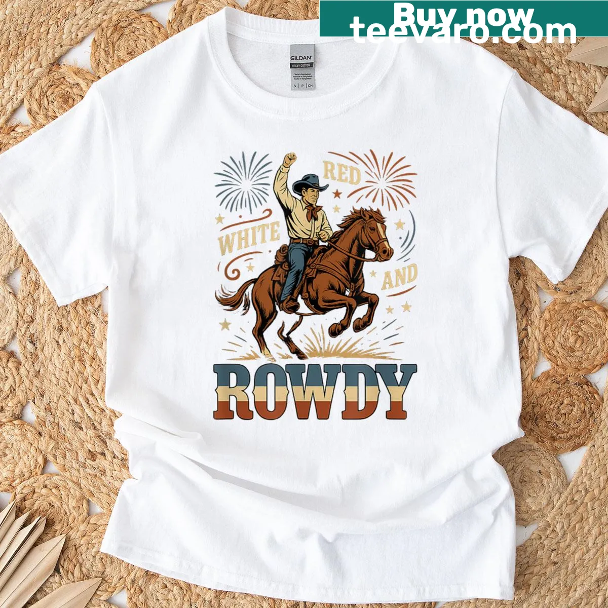 Bold typography on 'White Red And Rowdy Cowboy Fireworks' t-shirt — on a men's t-shirt