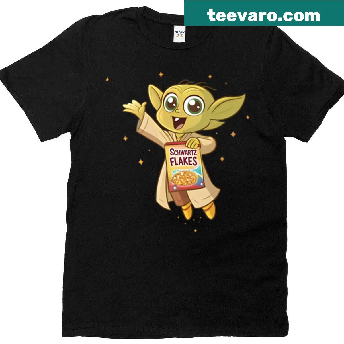 Playful cartoon T-shirt featuring a golden-skinned alien guru with cereal in a whimsical cosmos — on a men's t-shirt