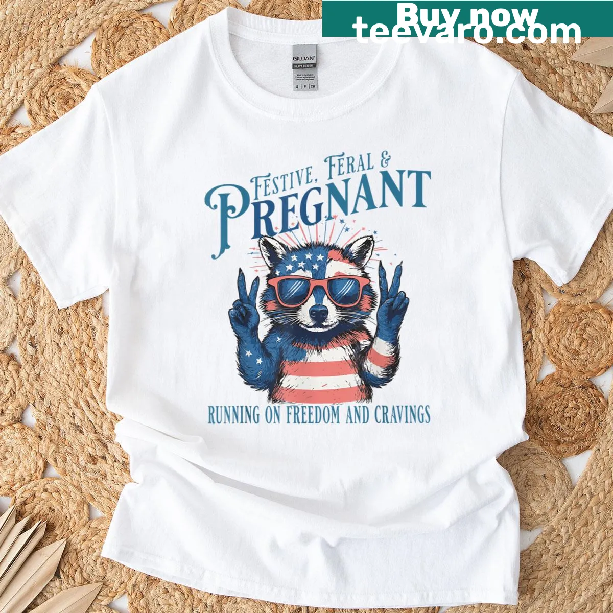 Pregnancy announcement graphic on women's T-shirt for Fourth of July — on a men's t-shirt