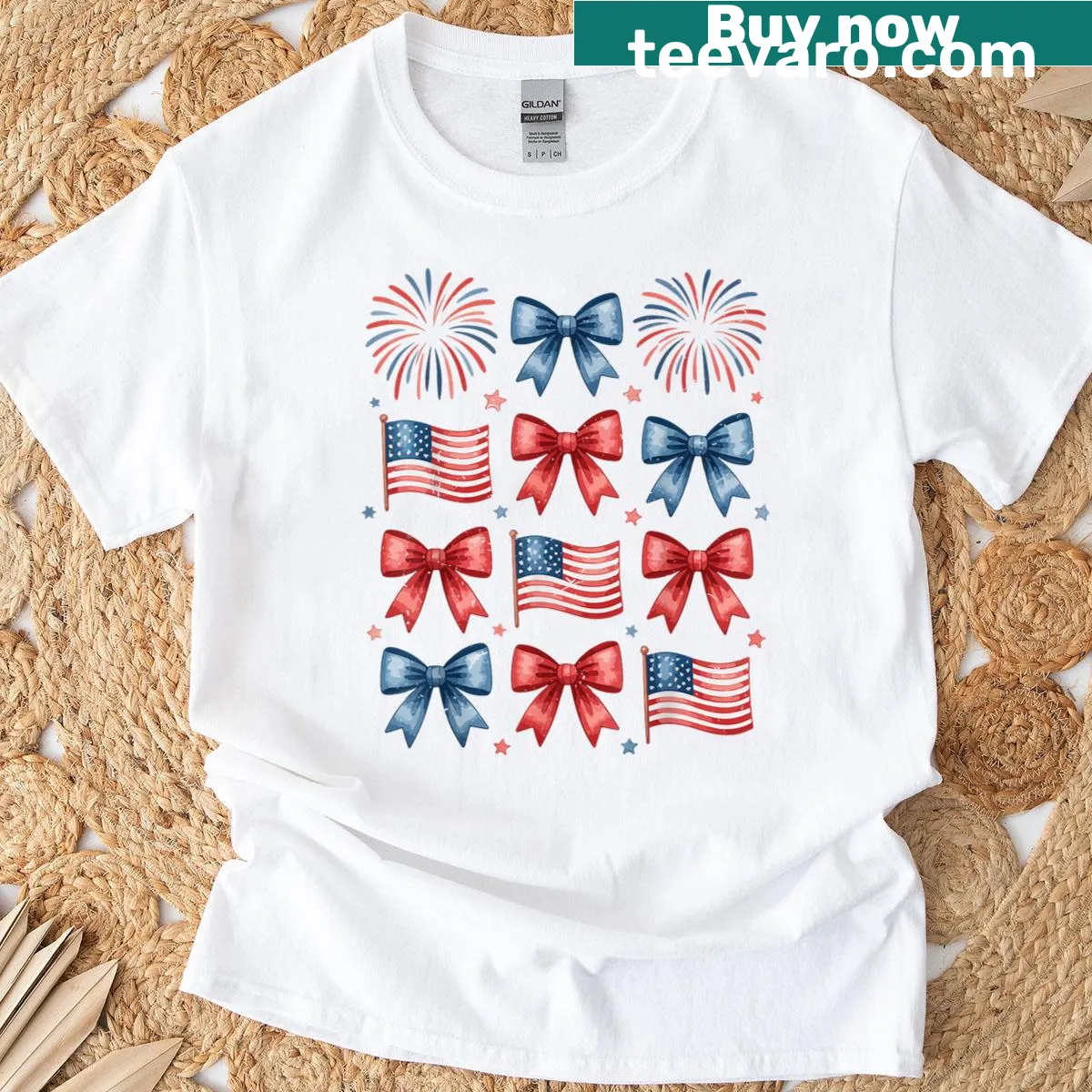 Toddler T-shirt featuring USA flag bow and fireworks graphic — on a men's t-shirt
