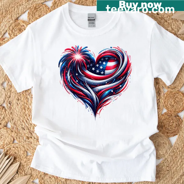 Heart-shaped American flag with fireworks graphic on a T-shirt
