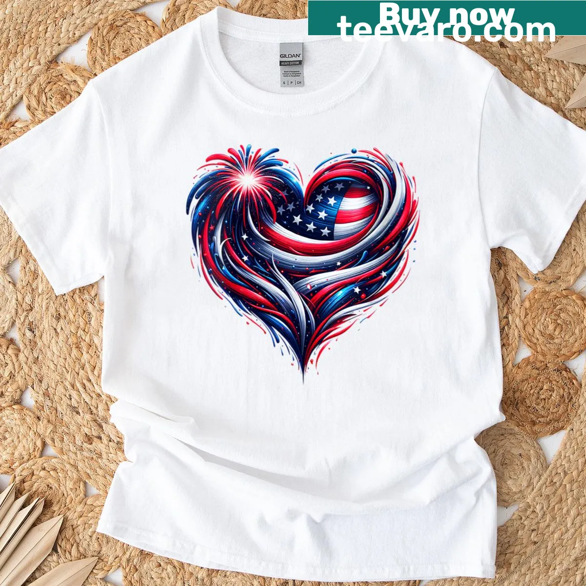 Heart-shaped American flag with fireworks graphic on a T-shirt — on a men's t-shirt