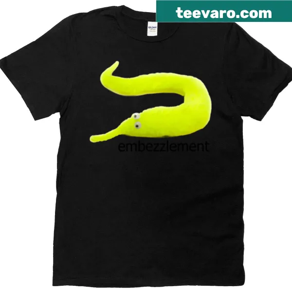 Funny cartoon T-shirt featuring a worm on a string committing embezzlement