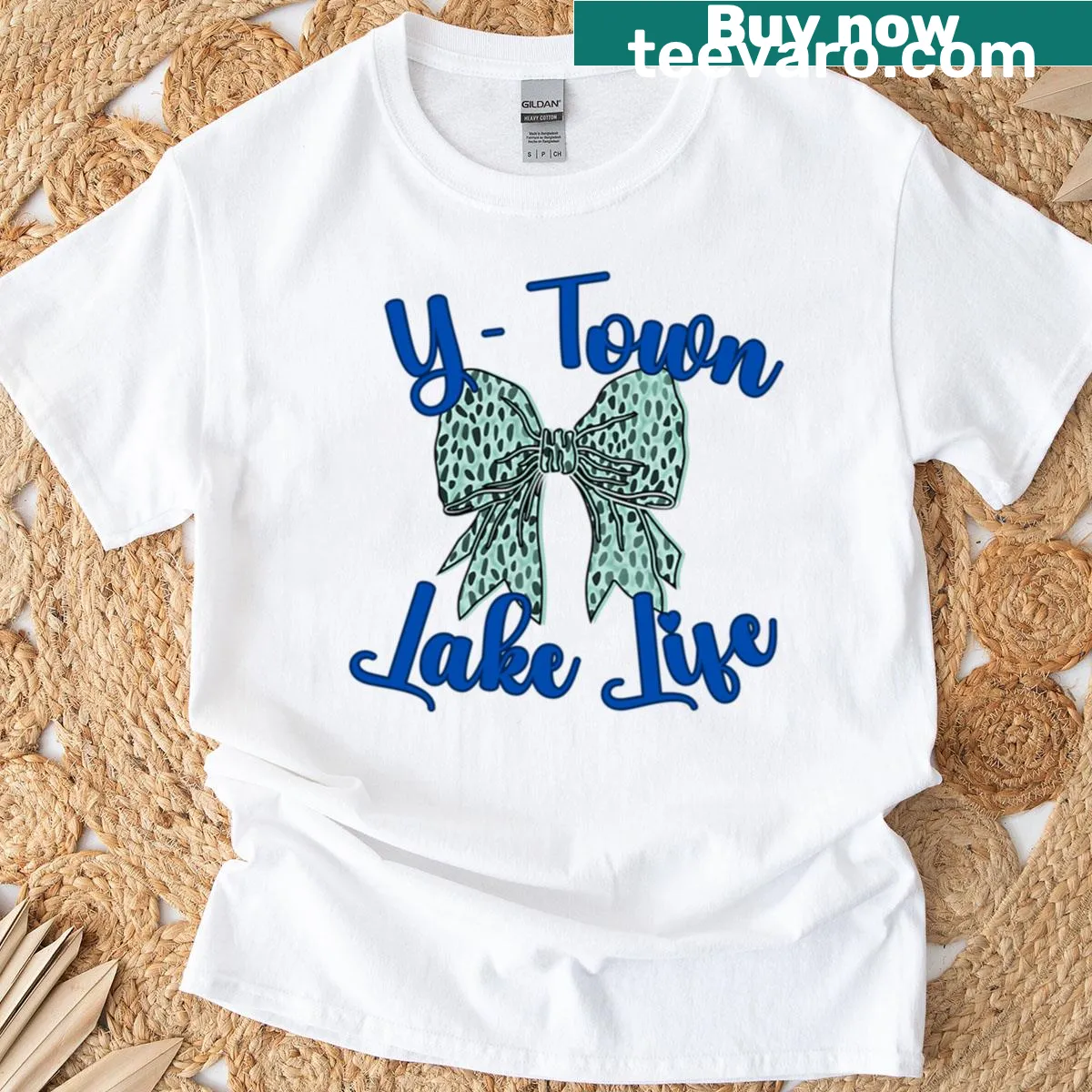 Preppy T-shirt featuring lake life bow design and animal print — on a men's t-shirt
