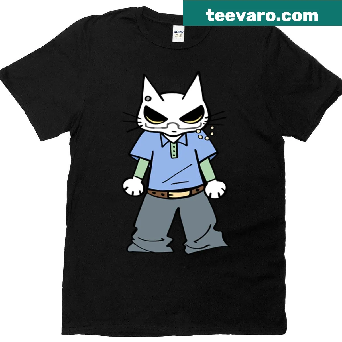 Y2k era cartoon cat T-shirt — on a men's t-shirt