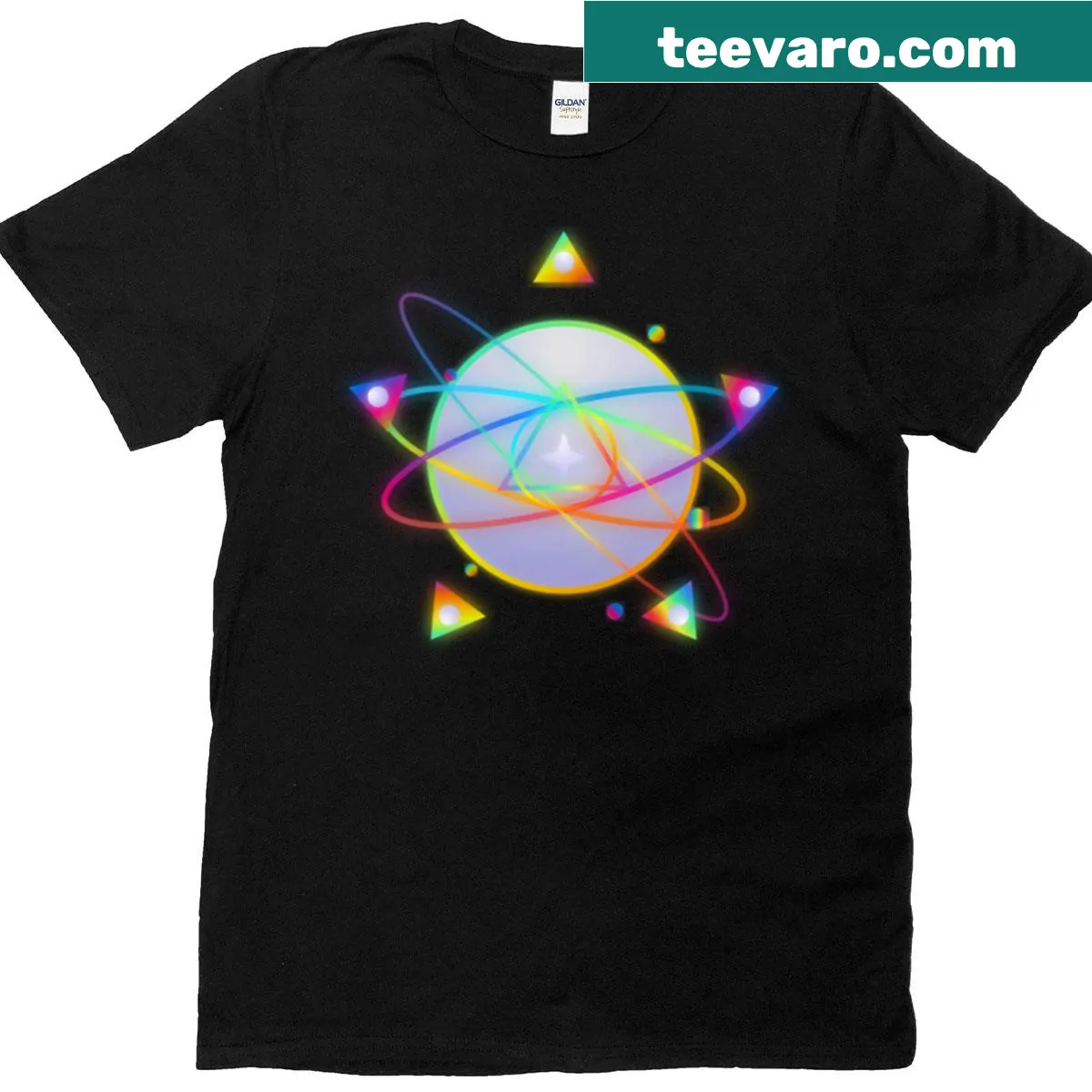 Futuristic chrome design t-shirt featuring iridescent vector art — on a men's t-shirt